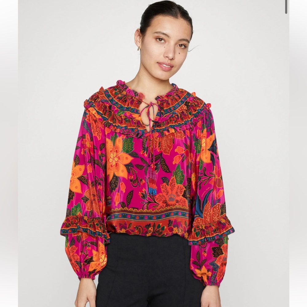 Farm Rio Tropical tapestry long sleeve ruffle top